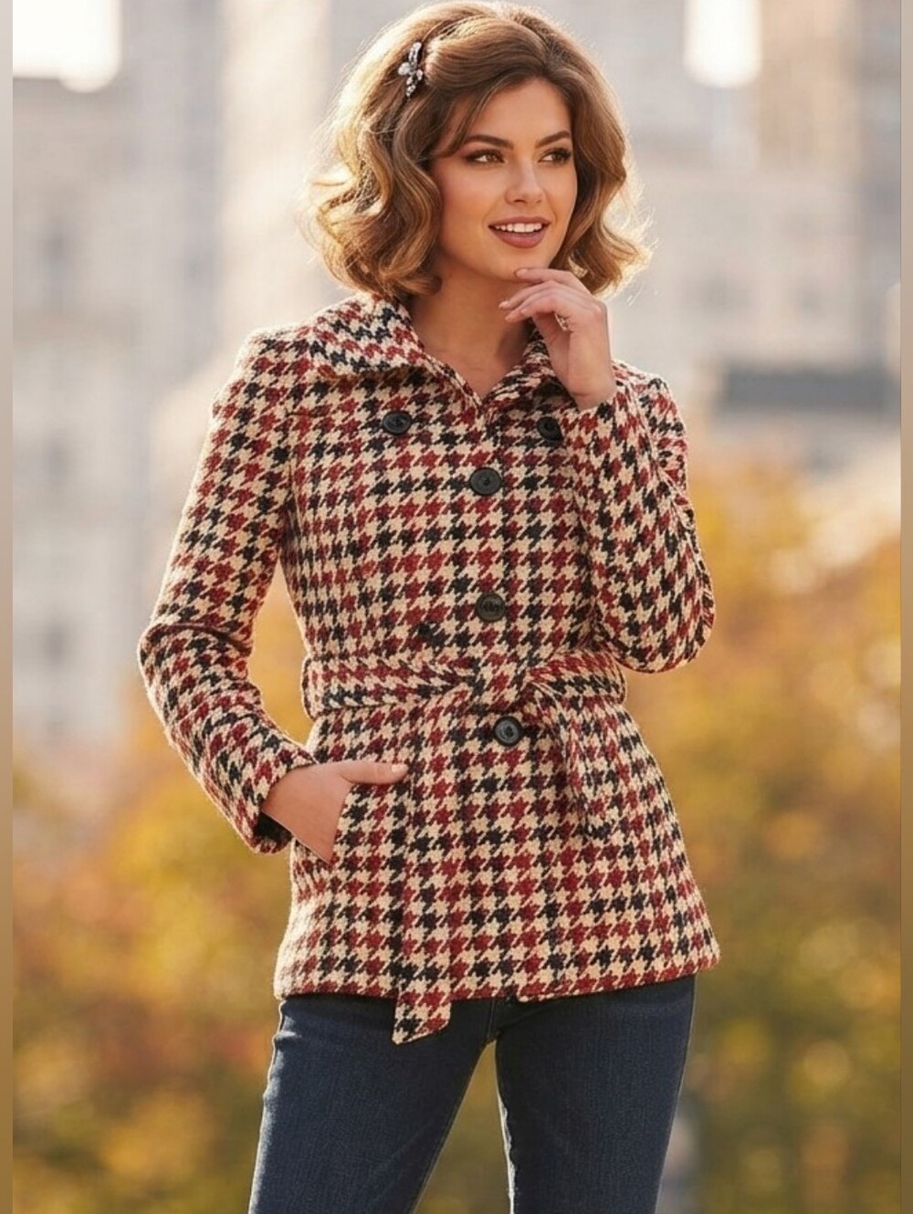 Last Kiss Black Red Houndstooth Belted Pea Coat Jacket Juniors M Y2K Retro
